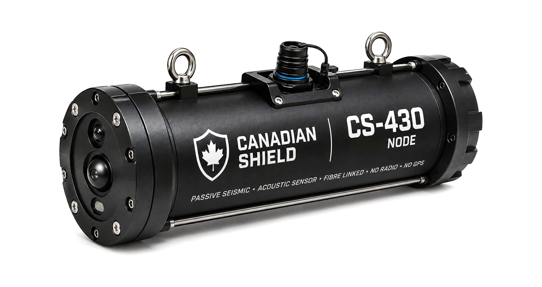 The CS-430 node: a sealed black cylinder with a ribbed end closure, two lifting eyes on a side rail, a capped fibre gland on the top face and an end plate of recessed sensor ports.