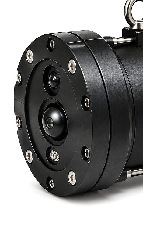The sensor end plate of the CS-430 close in: a bolted circular face with two domed ports and a mesh-screened port, the sealed cylinder running away behind it.