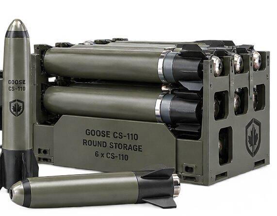 A storage rack of Goose CS-110 rounds, one round standing beside it and one lying on the ground.