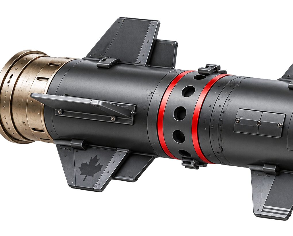 The tail end of the Goose CS-110 round, its fins standing off the boom and the tail cap behind them.