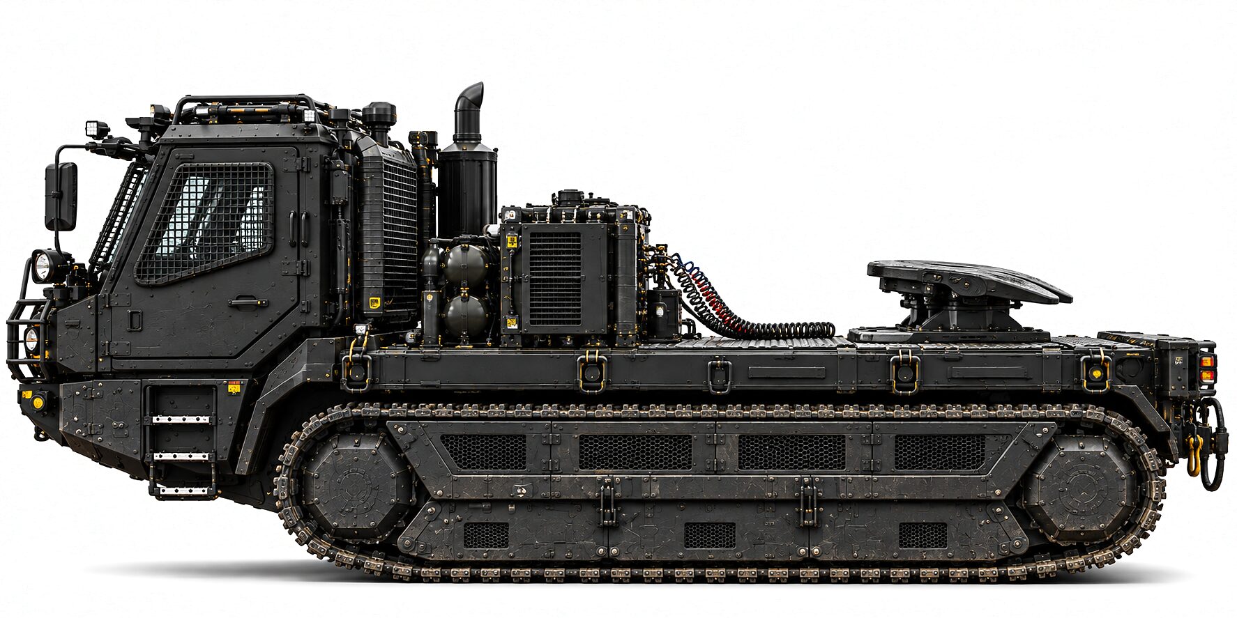The carrier from the left with nothing on the deck: a welded tub between two full-length track cartridges, the power module standing clear above the frame line, and a coupling plate on a raised mount at the tail.