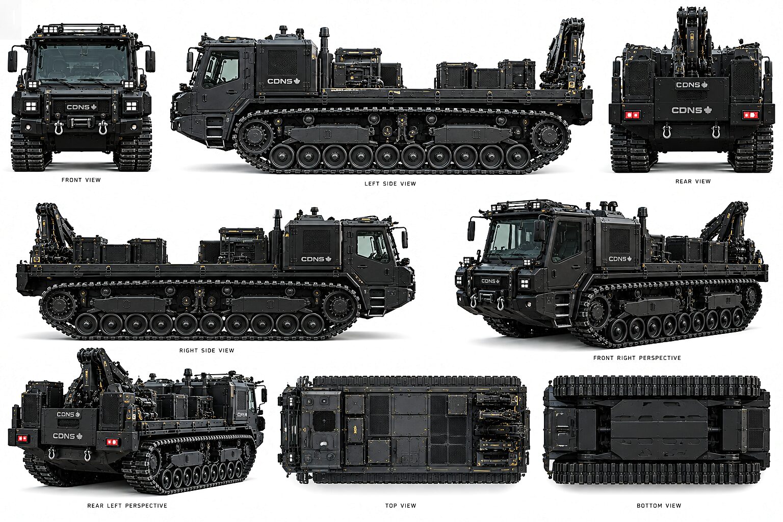 An eight-view general arrangement of KAOS Core: side, front, rear and plan views with three-quarter views beside them, showing the tub, the track cartridges, the deck and the folded crane.