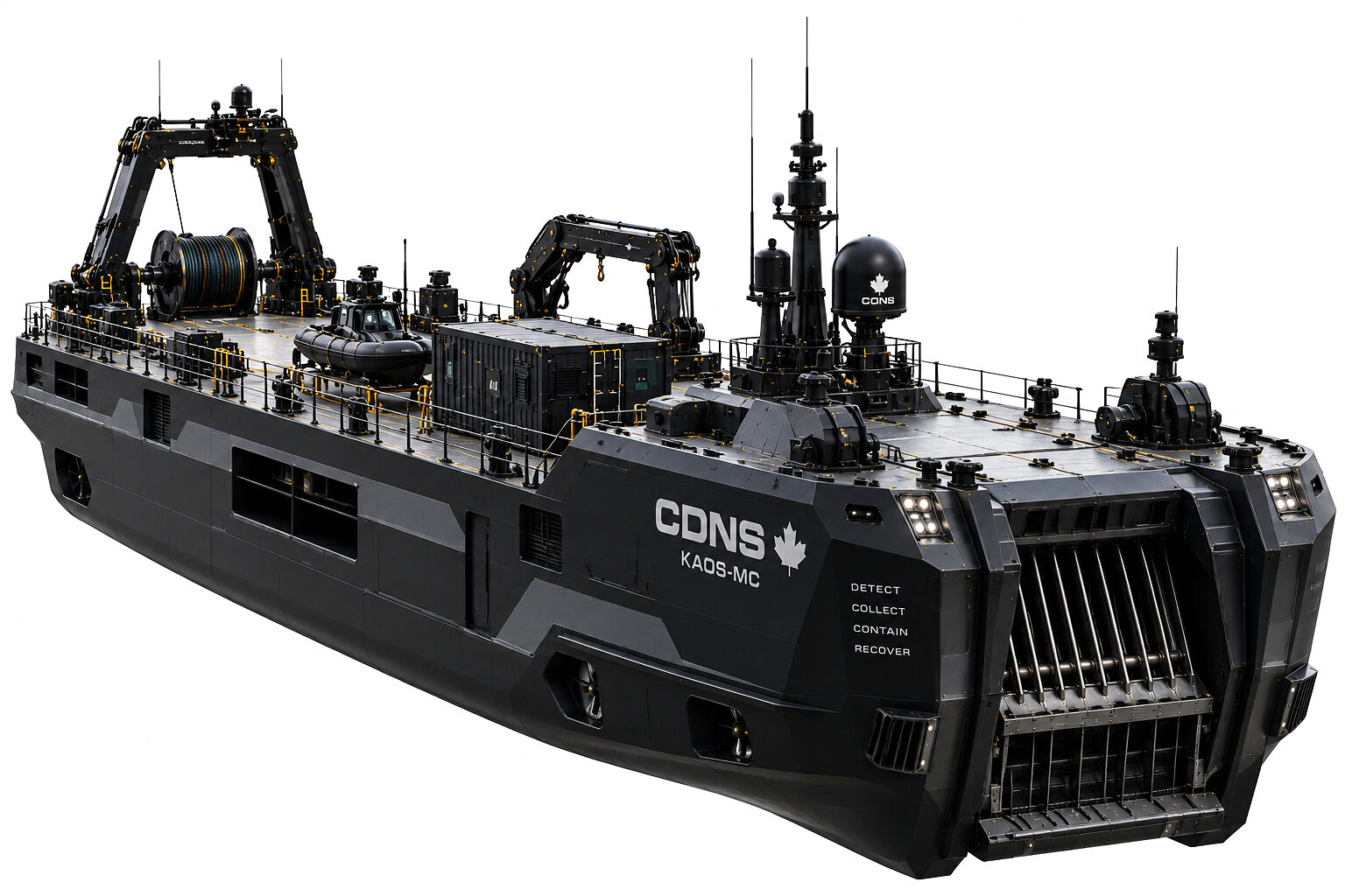 The vessel from the side and slightly above on a white ground: the full length of the working deck with an A-frame and cable drum at the after end, a folding crane amidships over a container module, the sensor mast and radome forward of it, and the caged corridor mouth at the bow.