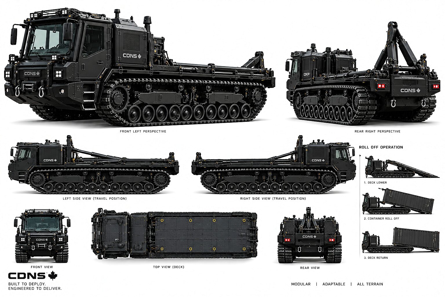 A configuration sheet: the machine drawn three times in a row, deck level, deck tilted with a container part way down the rails, and the container set down on the ground behind it.