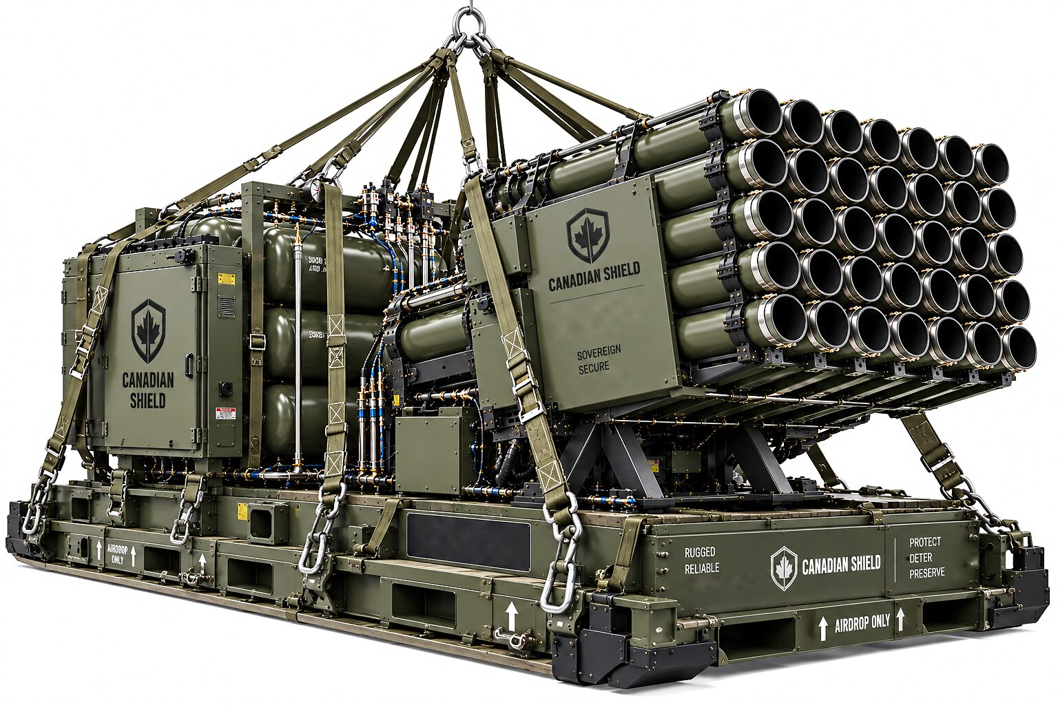 The thirty-two-tube launch platform on an airdrop pallet, webbing and shackles gathered to a single lifting ring above it, orientation arrows along the frame skirt.