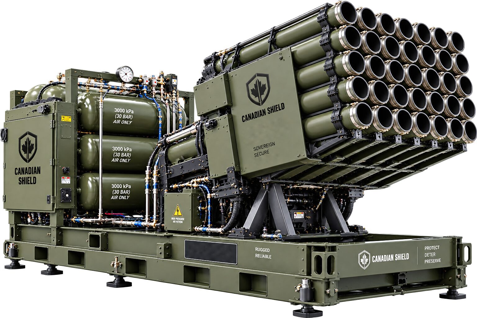 The launch platform on its wheeled skid frame on a plain ground, the tube array raised on its cradle, three air receivers and the control cabinet at the near end.