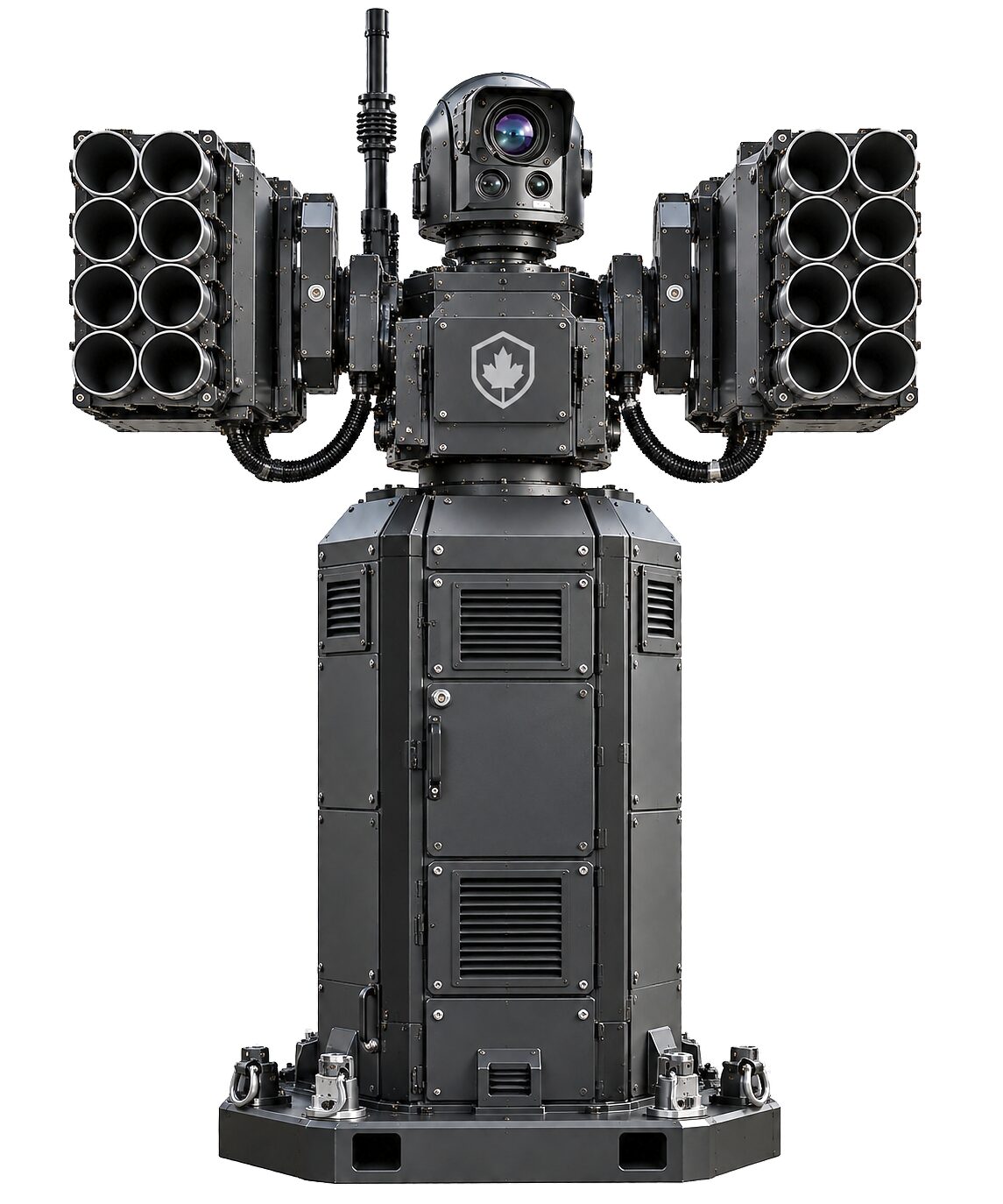 The pedestal mount head-on on a white ground: the cabinet base, the rotating head and the two launch pods either side of it.