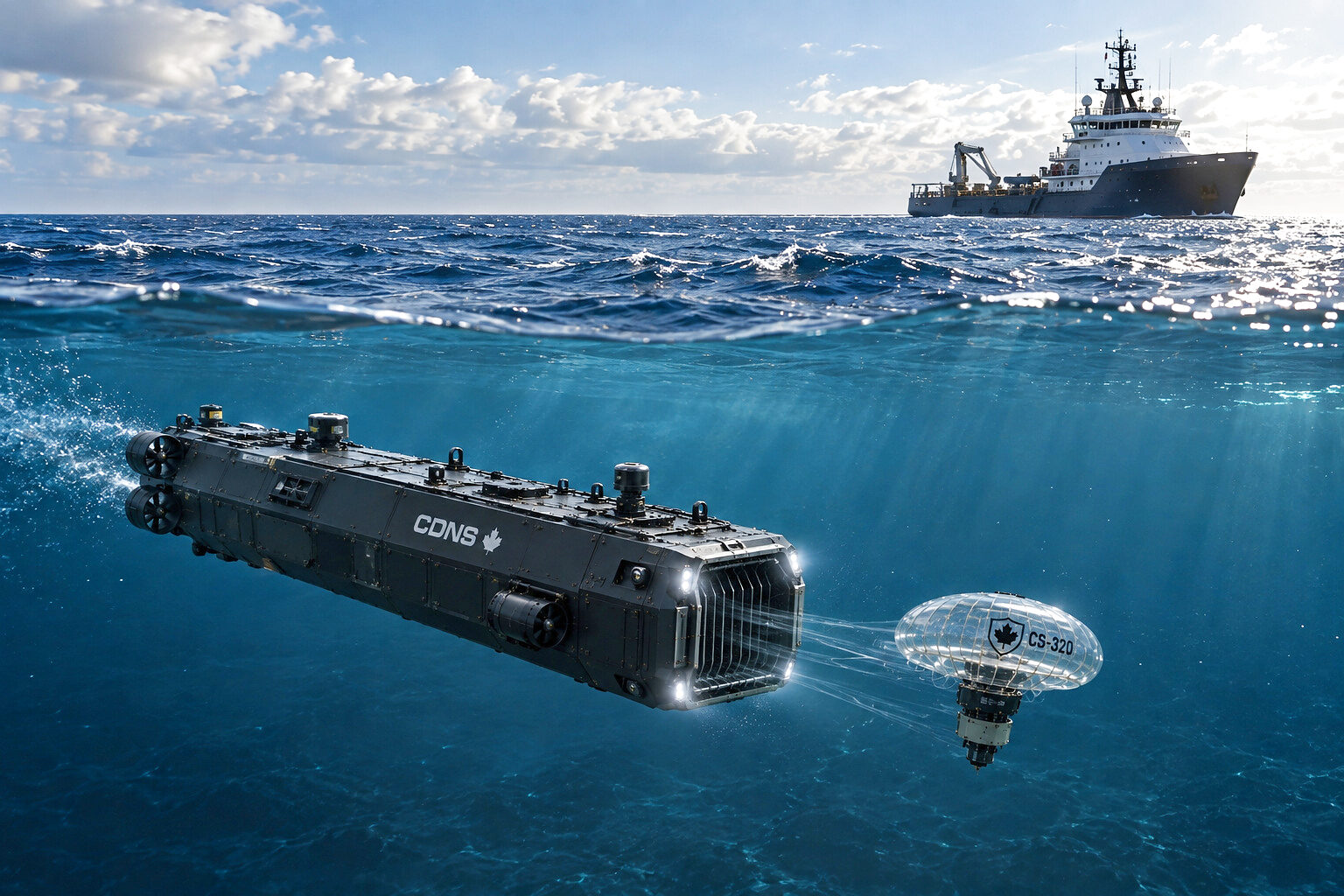 A split waterline in open sea: above, a support vessel with a white superstructure and a deck crane standing off on the horizon under broken cloud; below, a dark rectangular hull runs with its forward cage mouth lit and a translucent CS-320 bell ahead of it.