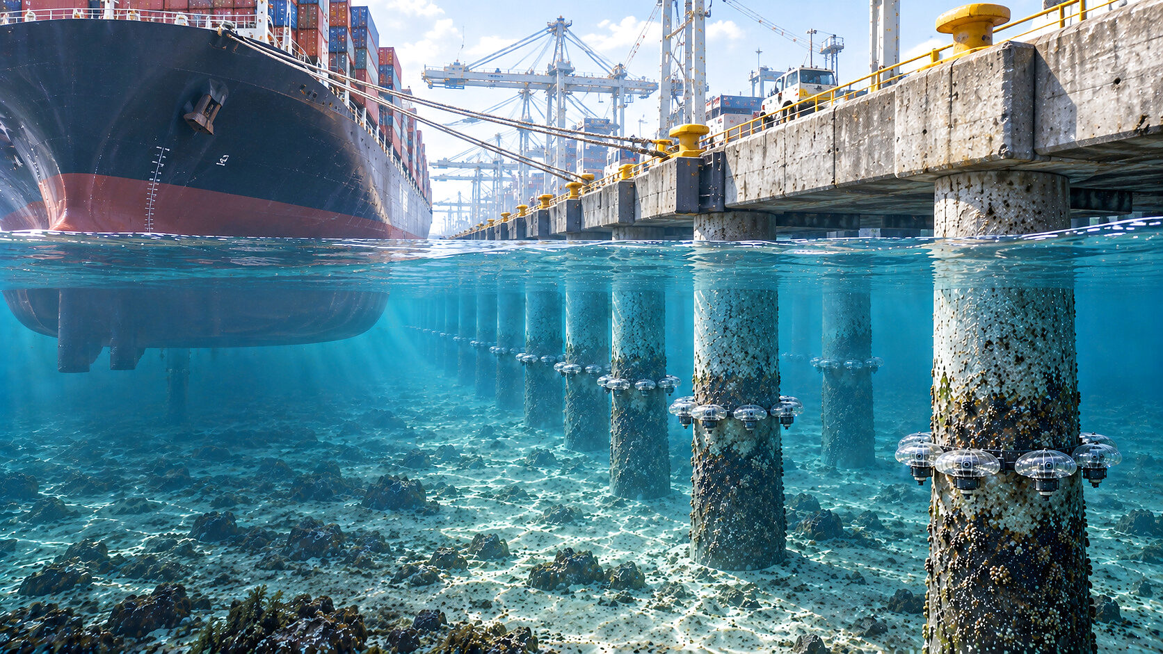 A container berth cut at the waterline: a container ship's bow moored alongside at the left with its lines run to bollards on the quay, cranes and stacked containers beyond; below the surface, the quay's piles crusted with growth, each ringed at one depth by CS-320s holding station, over a clear sandy seabed.