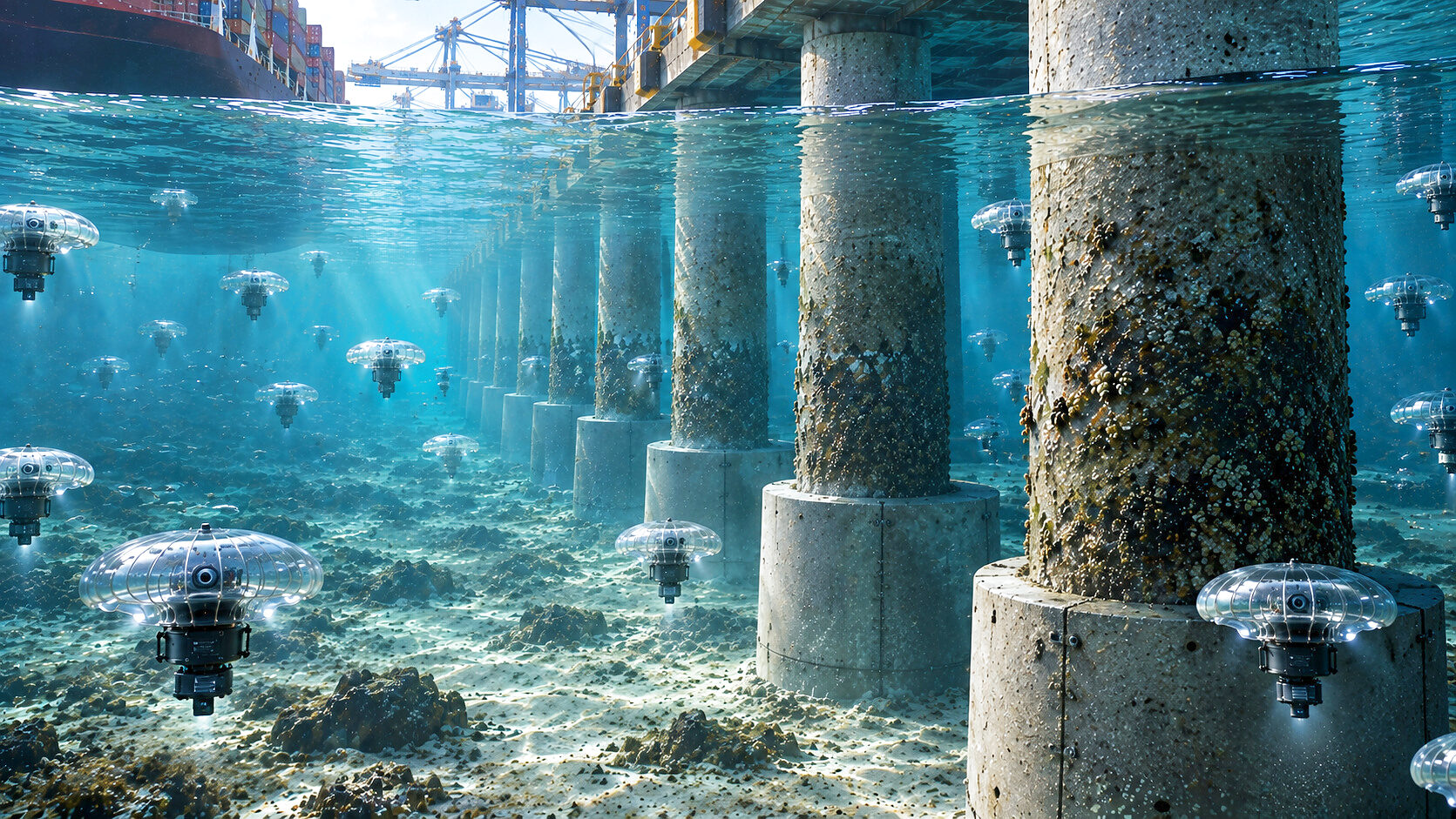 A split waterline under a container berth: above, a container ship alongside with quay cranes behind it; below, a forest of barnacled piles over a rubbly seabed with a dozen translucent CS-320 bells standing and hanging among them in the green light.