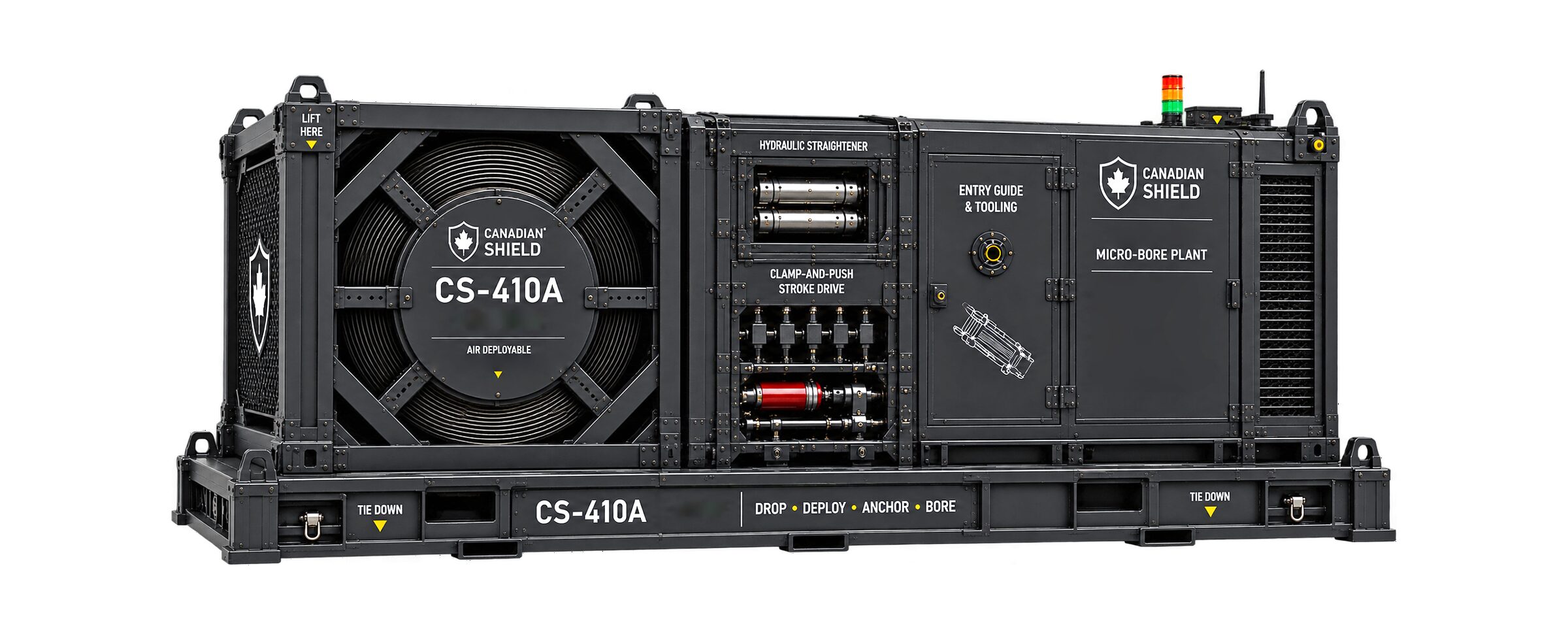 The same plant packed as an air-deployable module on a drop frame: reel, straightener, stroke-drive and entry-guide bays in one enclosure with lift points, tie-downs and forklift pockets, marked CS-410.