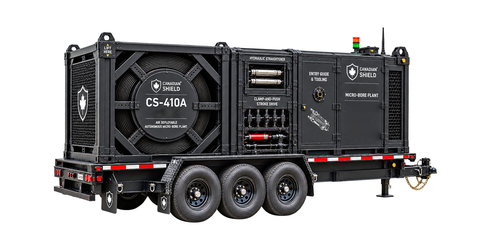 The plant carried as a module on a tri-axle road trailer, its reel, straightener, stroke-drive and entry-guide bays behind hinged panels, a stack beacon and roof fittings above the far end, side panels marked CS-410.