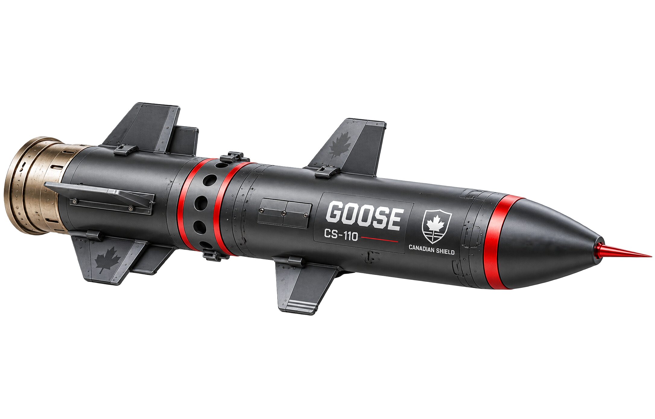The Goose CS-110 round against a plain ground: the obturator ring at the base, the moulded body, the bonded fin set and the nose.