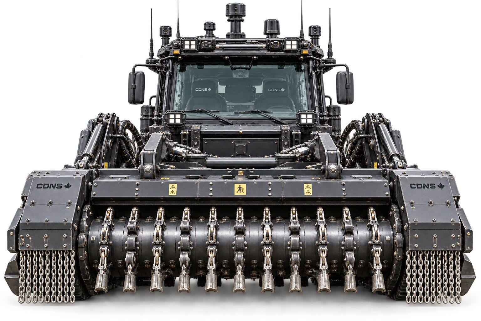 The clearance machine head-on: a full-width flail head with a chain-and-hammer rotor under a heavy plate housing, hydraulic arms either side, and the glazed cab and its roof sensor mast behind.