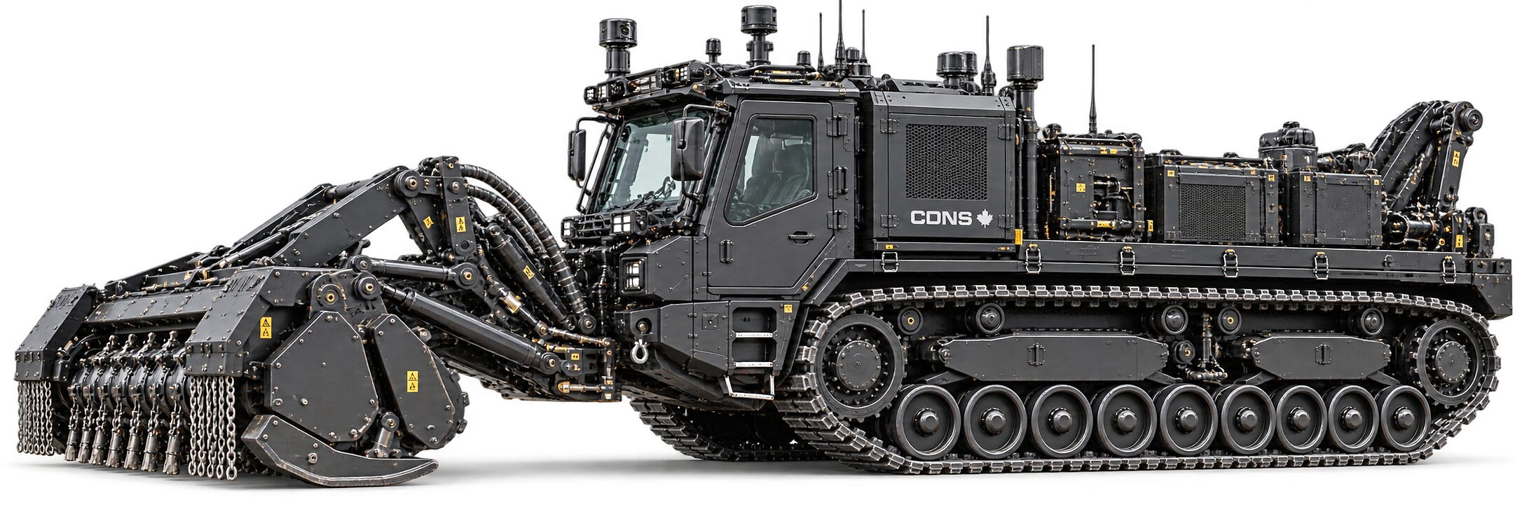 The clearance machine in side elevation with the flail down: the head at ground level on twin hydraulic arms with armoured hose runs above them, the glazed cab and roof sensor mast behind, and a full-length track cartridge below.