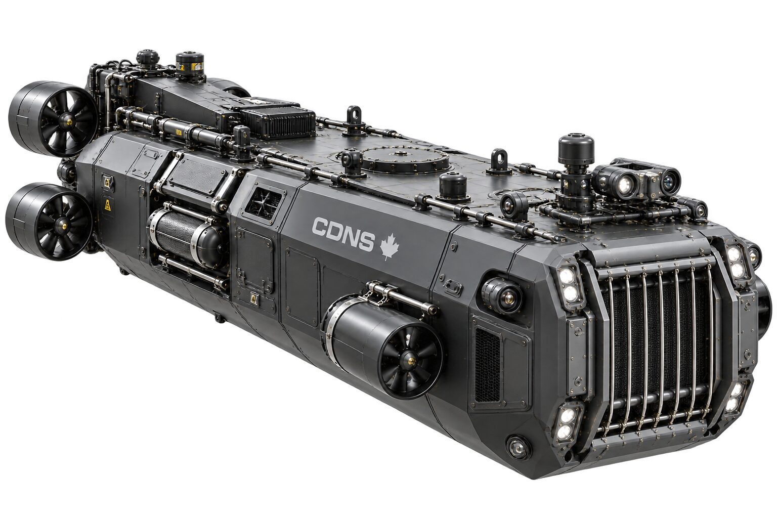A dark, flat-sided submersible body on a white ground, seen from above and ahead: a caged mouth with lights and camera clusters at the bow, pipework and lifting eyes along its top deck, and ducted thrusters on the flanks and at the stern.
